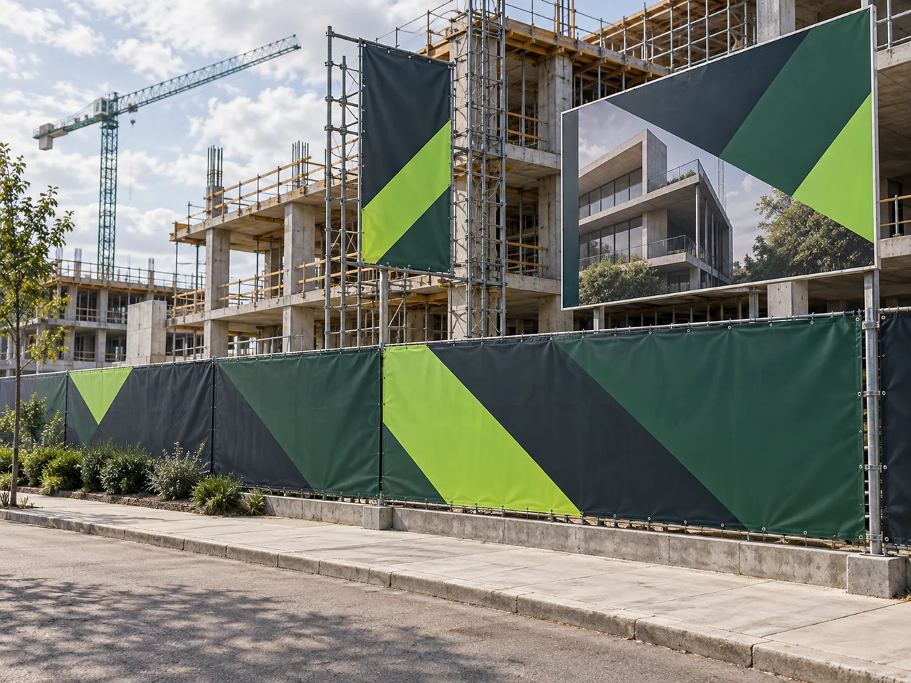 Simula&ccedil;&atilde;o de kit para obras com tapume em lona, painel e sinaliza&ccedil;&atilde;o
